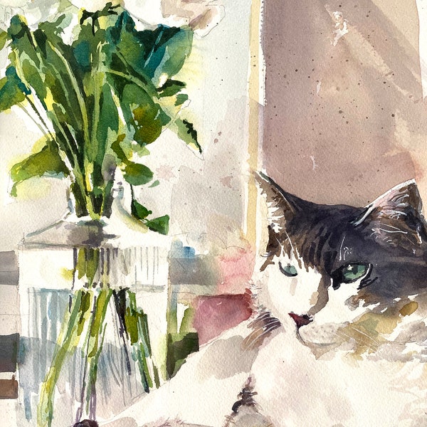 Cat and Roses Original Watercolor Painting