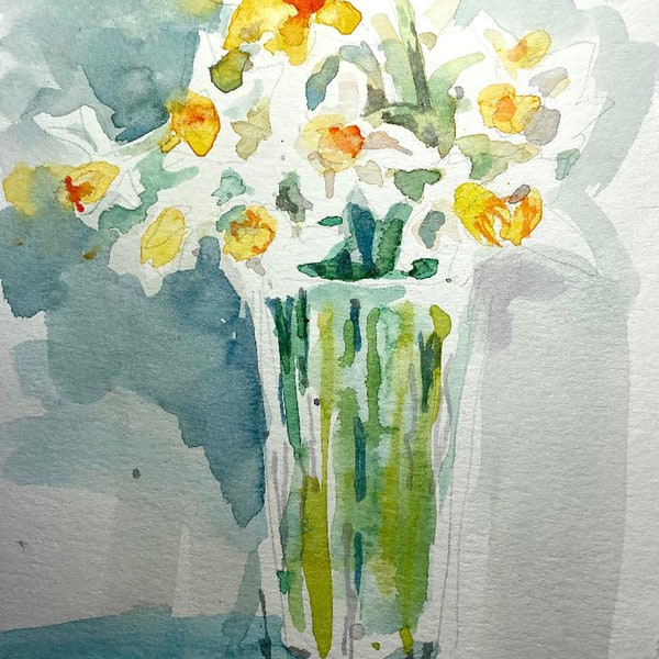Daffodils in Glass Vase Original Watercolor Painting