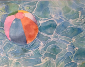 Watercolor Painting, Beach Ball Floating in a Swimming Pool, Original Art