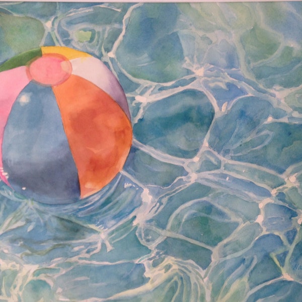 Watercolor Painting, Beach Ball Floating in a Swimming Pool, Original Art