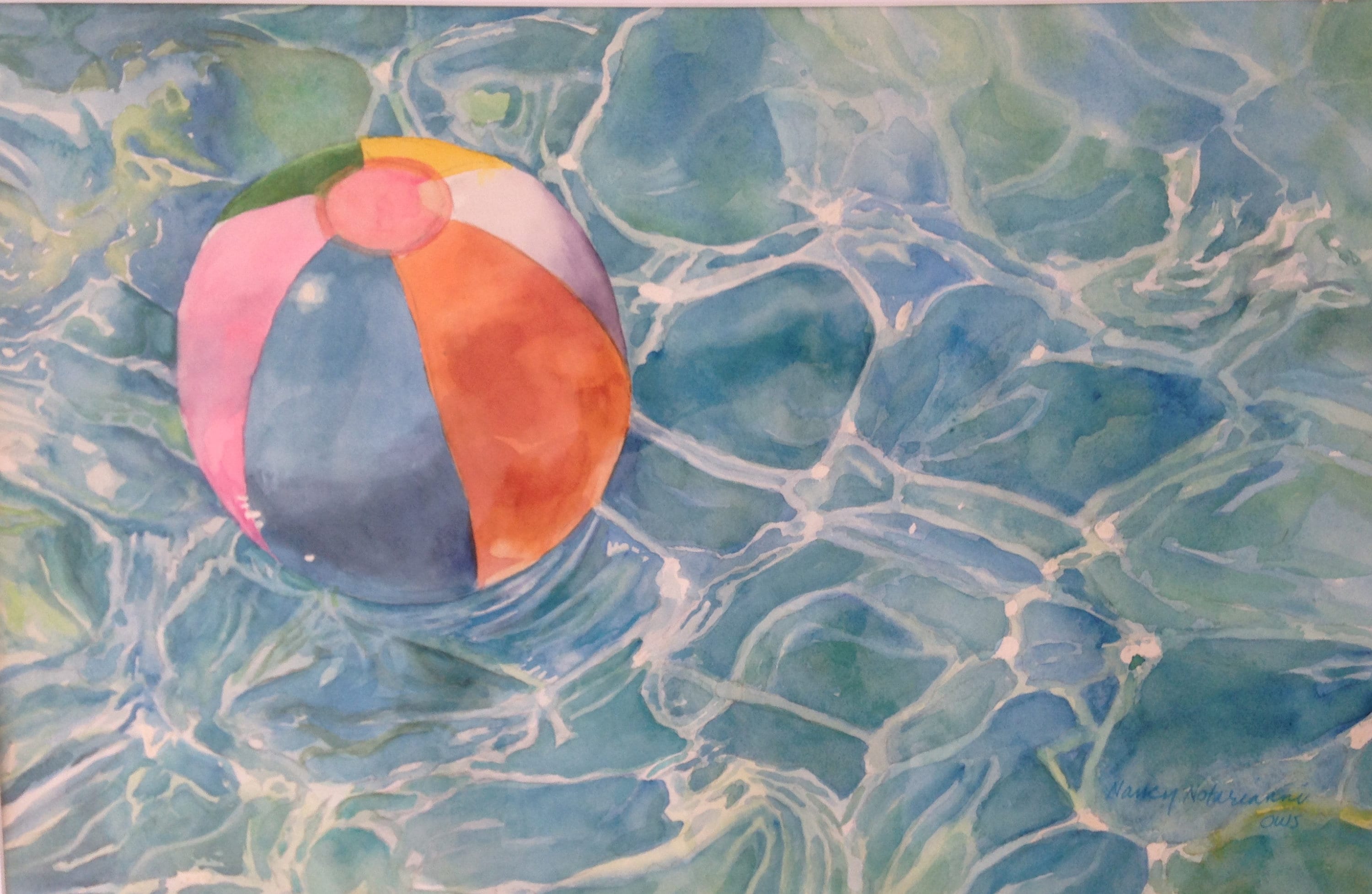Watercolor Painting, Beach Ball Floating in a Swimming Pool, Original