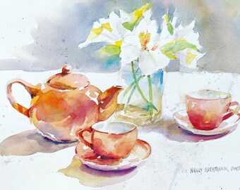 Teapot and Lillies Watercolor Original Painting