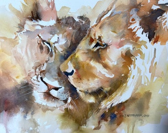 Two Lions Original Watercolor Painting