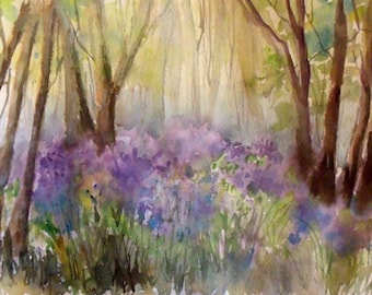 Lavender Flowers in the Forest Original Watercolor Painting