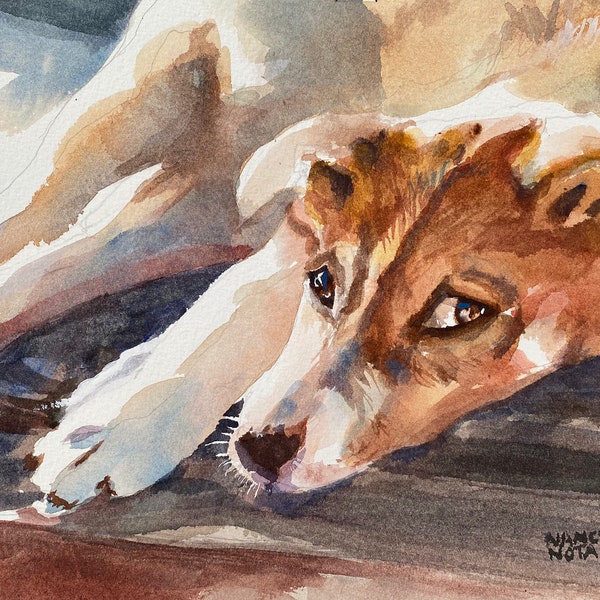 Puppy Resting in the Sun Watercolor Original Painting