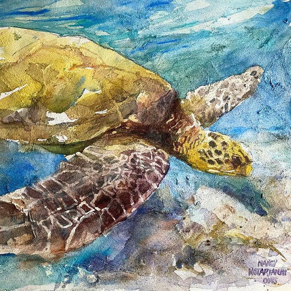 Tortoise, Underwater, Original Watercolor Painting