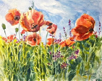 Red Poppies in Garden Original Watercolor Painting