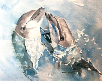 Dolphins Playing Original Watercolor Painting