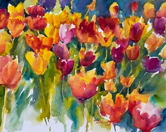 Tulip Flower Garden Original Watercolor Painting
