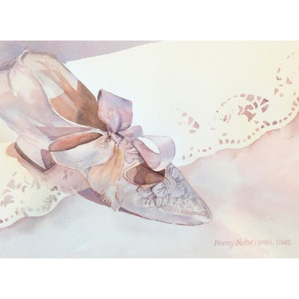 Print of Vintage Satin Shoe, Lace, Watercolor Romantic Painting