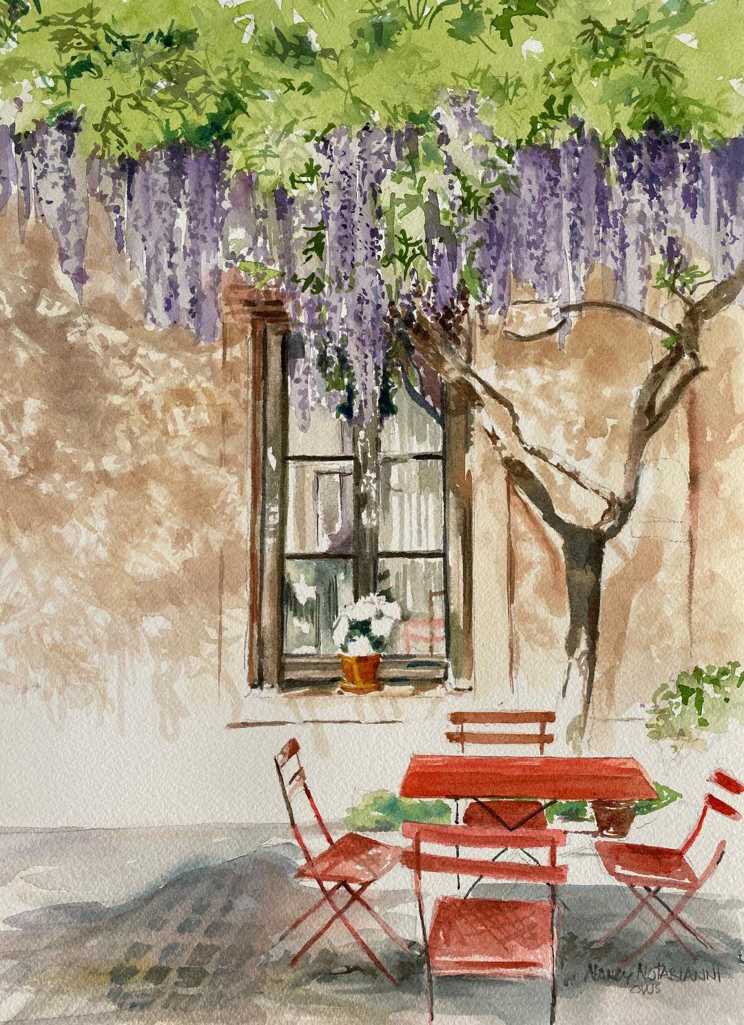 Wisteria Flowering Tree on Patio Original Watercolor Painting