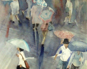 Walking in the Rain-Giclée print of Watercolor