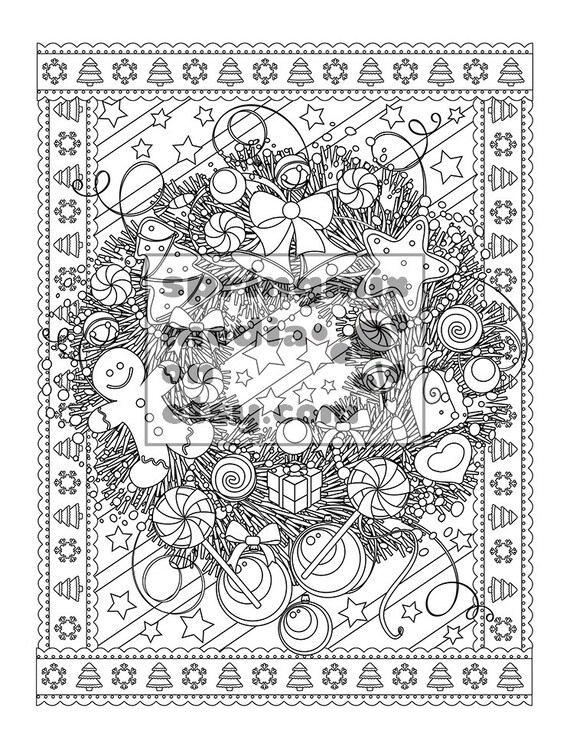 Download Christmas Coloring Page Holiday Xmas Wreath Christmas Etsy