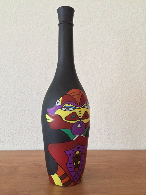 African Art Hand Painted Wine Bottle
