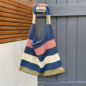 Handmade Knitted Tote Bag // Blue multi stripe