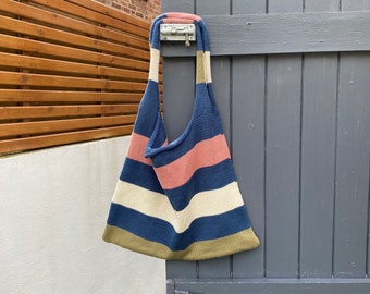 Handmade Knitted Tote Bag // Blue multi stripe