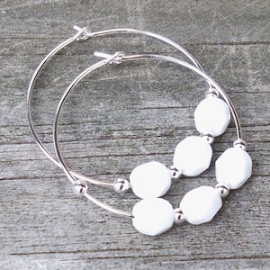 White Beaded Hoop Earrings White Bead Hoop Earrings White Beaded Hoops White Hoop Earrings White Faceted Czech Glass Earrings - 30mm Round