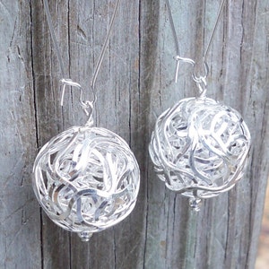 Silver Ball Earrings Silver Wire Wrapped Earrings Silver Beaded Earrings 20mm Silver Earrings Long Silver Earrings Chunky Silver Earrings image 1