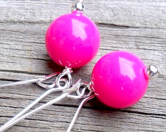 Hot Pink Earrings Hot Pink Dangle Earrings Long Pink Earrings Hot Pink Bead Earrings Hot Pink Kidney Hoop Earrings 10mm Pink Silver Earrings