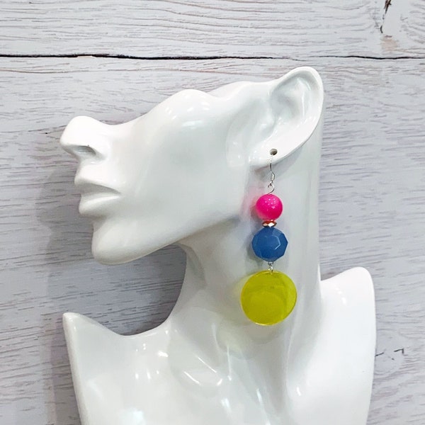 Long Colorful Earrings, Neon Earrings, Colorful Statement Earrings, Bright Colors Earrings, Lucite Earrings, Pink Yellow Blue Earrings - WOW