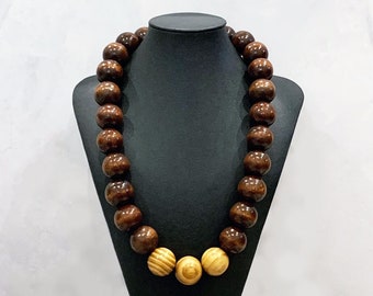 May include: A brown wooden bead necklace with three light brown wooden beads at the bottom.