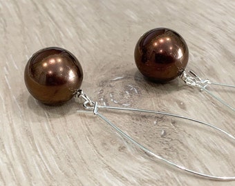 Brown Pearl Earrings, Large Brown Earrings, Long Brown Earrings, Bronze Pearl Earrings Long, Brown Bead Earrings, Long Brown Dangle Earrings