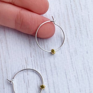 Small Hoop Earrings with Stones, Mixed Metal Earrings Hoops Dainty, Minimalist Hoop Earrings Silver and Gold, Dainty Hoop Earrings for Women