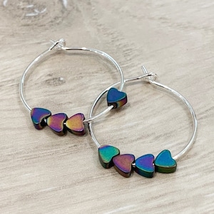 Heart Hoop Earrings, Colorful Heart Earrings, Dainty Heart Earrings, Rainbow Heart Earrings, Aurora Borealis Heart Earrings - CUTE
