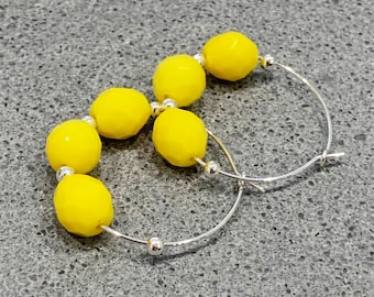 Yellow Hoop Earrings Yellow Bead Earrings Yellow Earrings, Big Yellow Hoops, Bright Yellow Earrings, Yellow Beaded Hoops - BRIGHT AND HAPPY