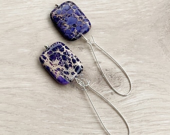 Purple Gemstone Earrings, Large Purple Earrings Dangle, Long Purple Earrings, Purple Bead Earrings, Eggplant Purple Jasper Earrings - LOVELY