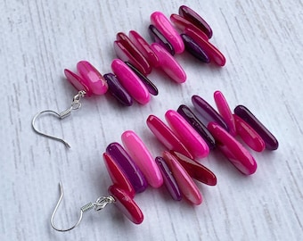 Long Pink Earrings, Pink Purple Earrings, Tropical Earrings, Hot Pink Statement Earrings, Pink Shell Earrings, Beachy Earrings - UNIQUE FUN