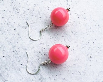 Bright Pink Earrings, Pink Dangle Earrings, Pink Bead Earrings, Neon Pink Earrings, Bubble Pink Earrings, Pink and Silver Earrings - FUN