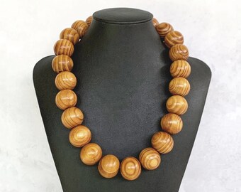 Wooden Bead Necklace, Chunky Wood Bead Necklace, Wooden Necklace Men, Light Brown Beaded Necklace, Unisex Necklace Boho, Mens Wood Necklace