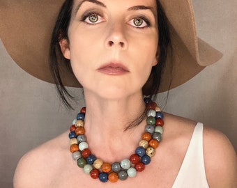 Chunky Colorful Necklace, Colorful Double Strand Necklace, Chunky Multicolor Necklace, Colorful Ceramic Necklace, Multicolor Beaded Necklace