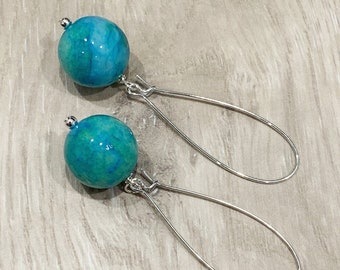 Blue Dangle Earrings, Blue Green Earrings, Aqua Earrings, Long Blue Earrings, Blue Gemstone Earrings, Ocean Earrings, Earth Bead Earrings