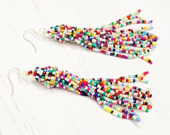 Colorful Tassel Earrings, Rainbow Color Earrings, Long Colorful Earrings, Beaded Tassel Earrings, Flirty Earrings, Colorful Dangle Earrings