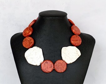 Red Coral Necklace Large, Red and White Gemstone Necklace, Coral and Turquoise Jewelry, Beach Statement Necklace, White Turquoise Necklace