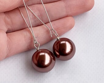 Bronze Pearl Earrings, Long Brown Earrings, Metallic Pearl Earrings, Mocha Earrings, Brown Dangle Earrings, Long Pearl Earrings - UNIQUE