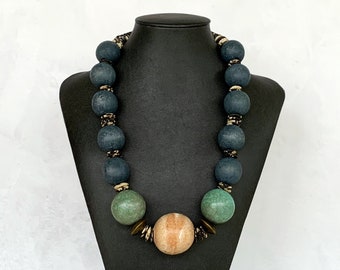Chunky Ethnic Necklace, Wood Necklace, Womens Tribal Necklace, Ethnic Statement Necklace, Focal Bead Necklace, Mens Wooden Necklace - UNISEX