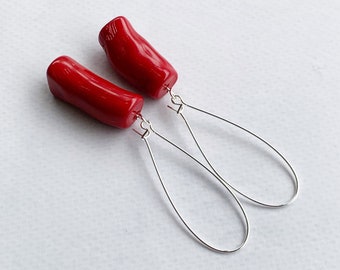 Long Coral Earrings, Nautical Earrings, Coral Dangle Earrings, Beachy Earrings, Long Red Earrings, Unique Tropical Earrings Red - GORGEOUS
