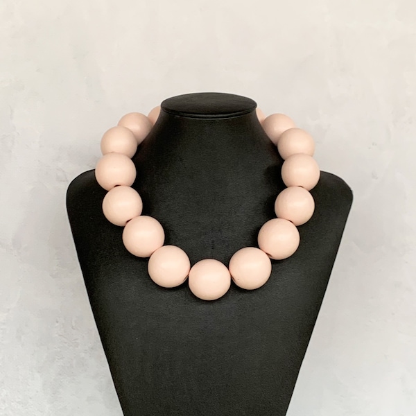 Pale Pink Necklace, Wood Necklace for Women, Chunky Pink Necklace, Big Bead Necklace Pink, Peach Pink Necklace, Painted Wood Necklace - WOW