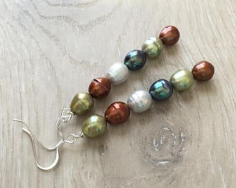 Long Pearl Earrings, Colorful Pearl Earrings, Multicolor Pearl Earrings, Dressy Earrings, Sophisticated Earrings - Green, Brown, Gray, Blue