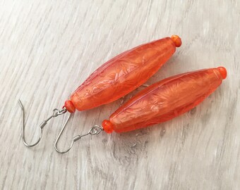 Red Orange Earrings Dangle, Vintage Look Earrings, Long Orange Earrings, Bright Orange Earrings, Orange Bead Earrings