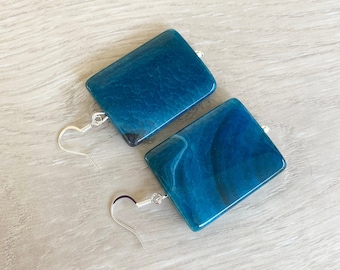 Dark Blue Earrings, Deep Blue Earrings, Blue Square Earrings, Blue Gemstone Earrings, Large Blue Earrings, Teal Blue Earrings Rectangular