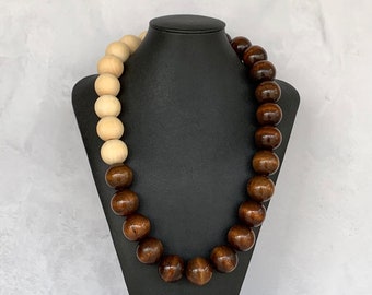 Color Block Wood Necklace, Unisex Wood Necklace, Chunky Wood Necklace UNISEX Wood Bead Necklace, Mens Wood Necklace, Brown Wood Necklace