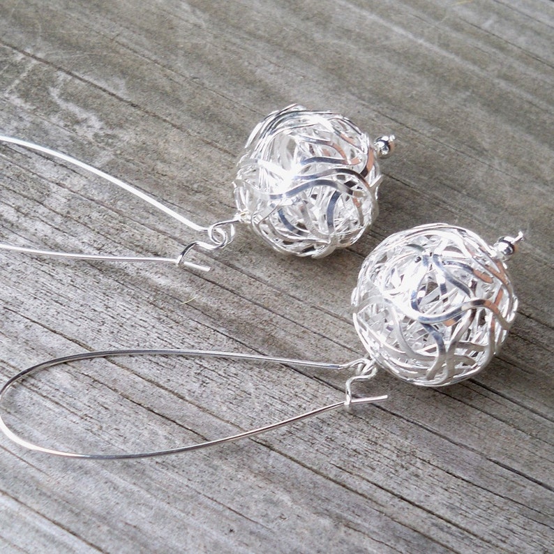 Silver Ball Earrings Silver Wire Wrapped Earrings Silver Beaded Earrings 20mm Silver Earrings Long Silver Earrings Chunky Silver Earrings image 4