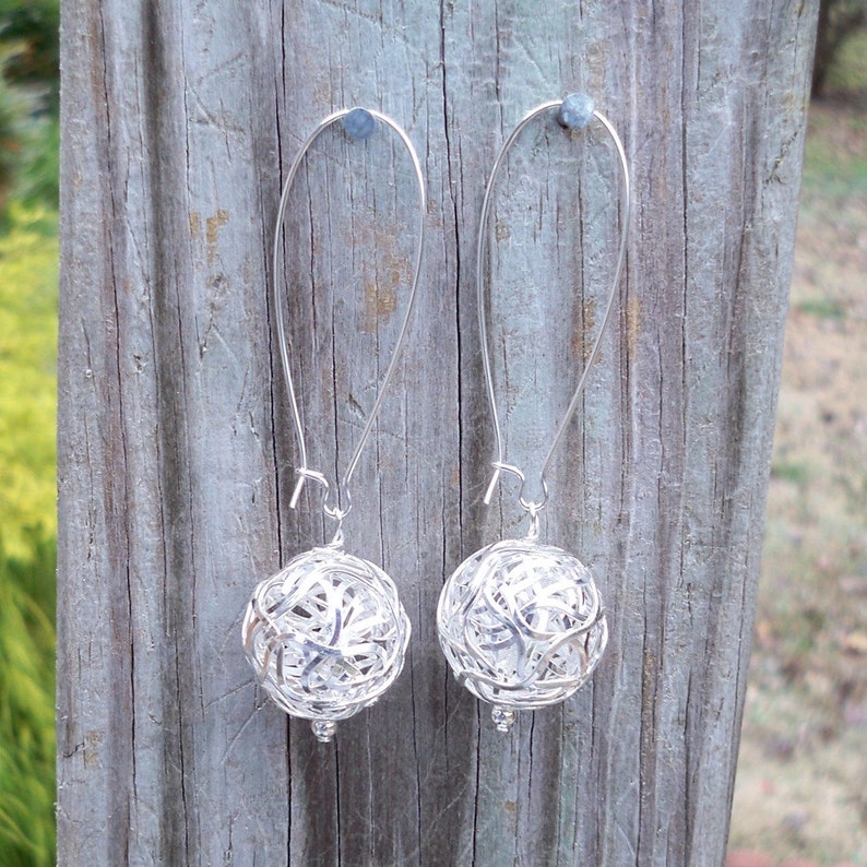 Silver Ball Earrings Silver Wire Wrapped Earrings Silver Beaded Earrings 20mm Silver Earrings Long Silver Earrings Chunky Silver Earrings image 5