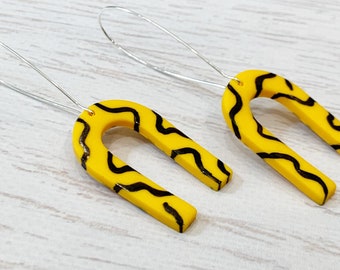 Yellow Earrings, Yellow Squiggle Earrings Yellow Black Earrings, Long Yellow Earrings, Hand Painted Earrings, Geometric Earrings LIGHTWEIGHT