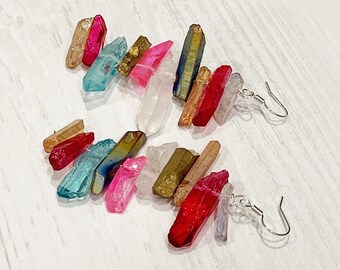 Long Colorful Earrings, Colorful Dangle Earrings, Colorful Statement Earrings, Colorful Quartz Earrings, Rainbow Dangle Earrings - GORGEOUS