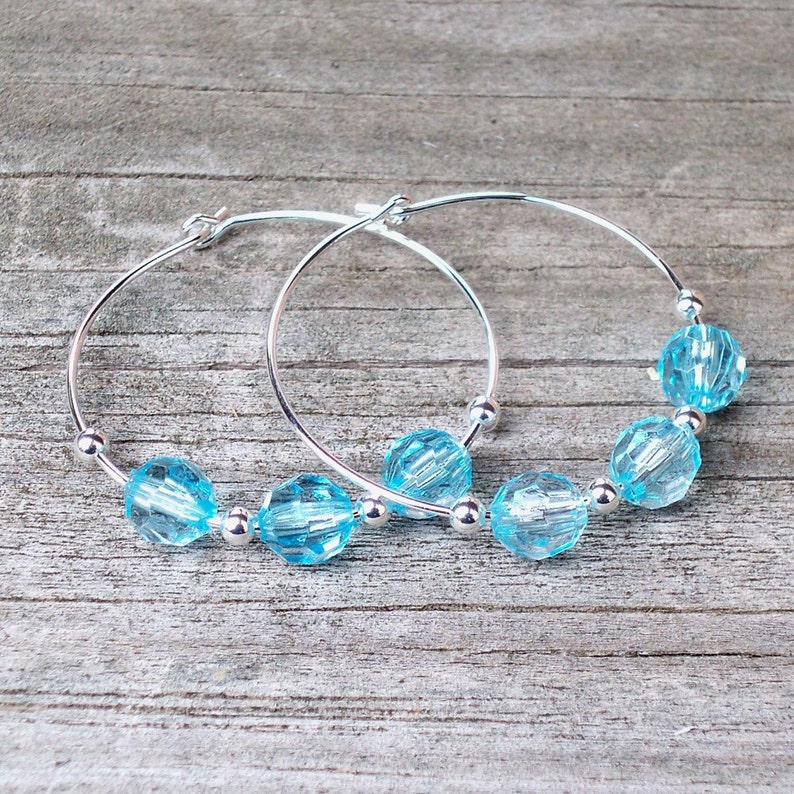 Light Blue Hoop Earrings Clear Blue Hoop Earrings Blue Beaded Hoop Earrings Blue Czech Glass Hoop Earrings 30mm Round Silver Hoop Earrings
